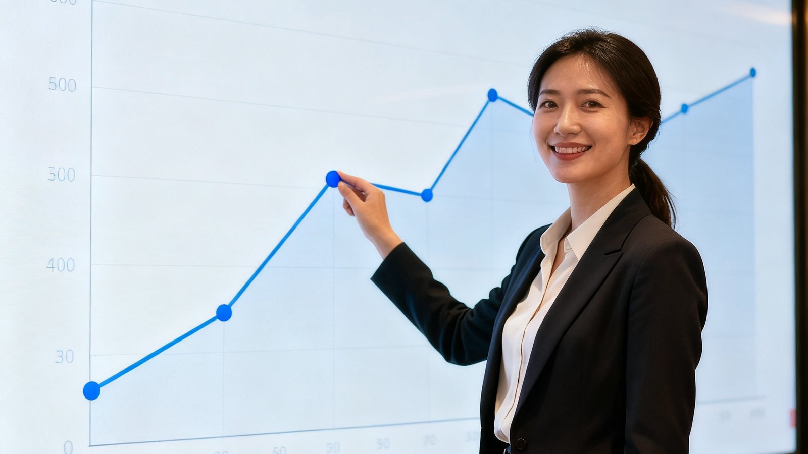 女性运营副总裁站在显示用户增长曲线的大屏幕前，手势指向数据峰值点，充满自信